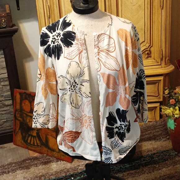 Womens Knit Sweater button up flower print b1 - Picture 9 of 12